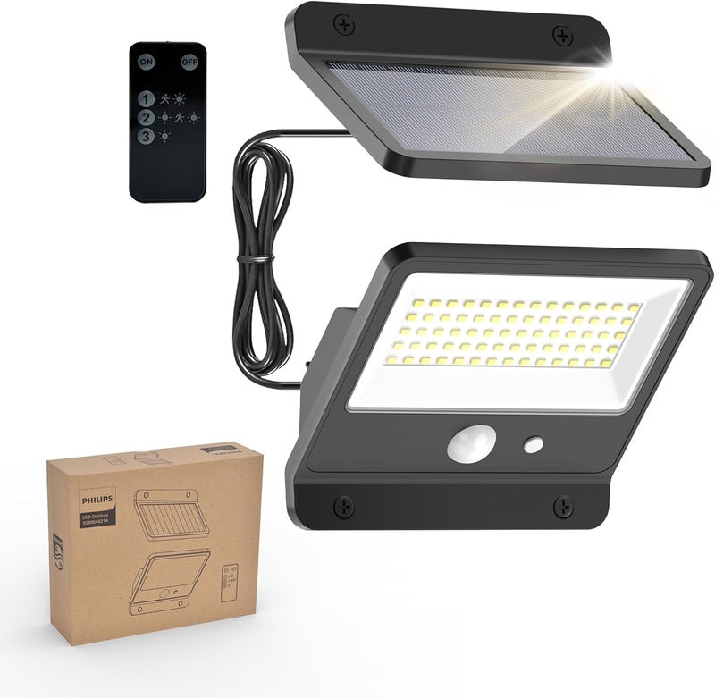 Philips Solar Security Light Outdoor LED 6500K, Solar-Powered Flood Light w/PIR Motion Sensor, Remote Control w/16ft Cable, IP65 Waterproof, 3 Modes (1) - Image 1